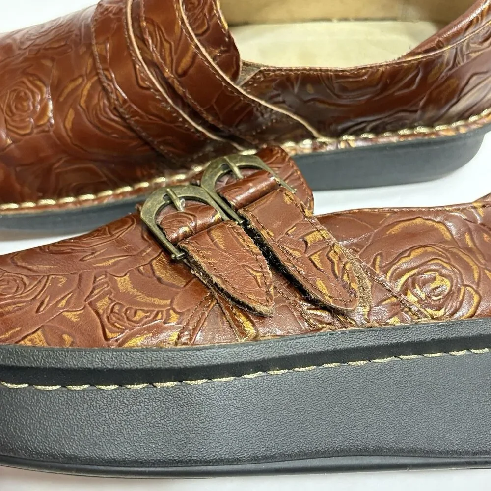Alegria Ali Choco Brown Tooled Leather Floral Adjustable Comfort Shoes Sz 38